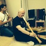 Dominic and Eric testing out flutes at Yamaguchi Shugetsu's home in Nara